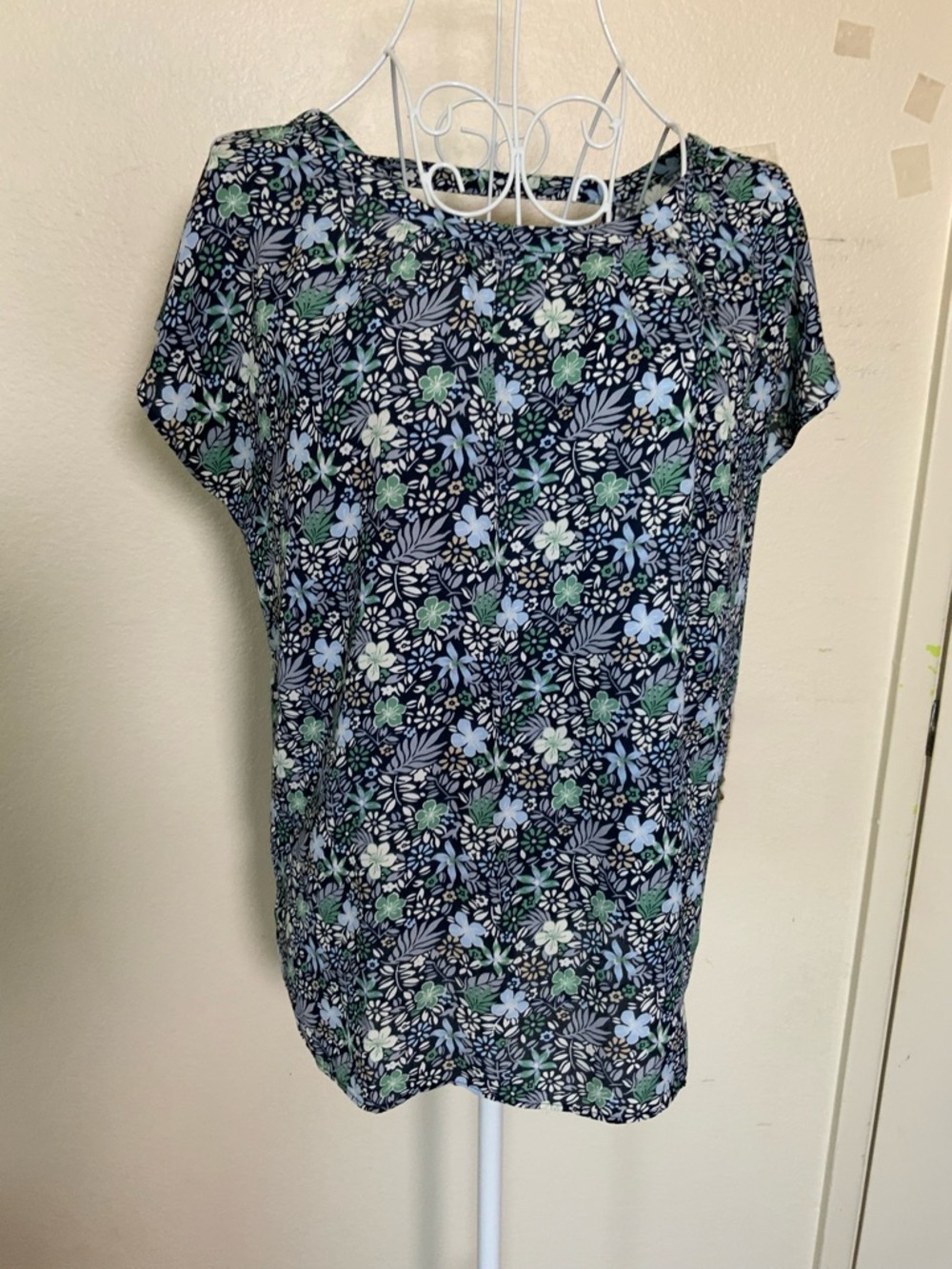 LOFT Navy Floral Short-Sleeve Blouse with Blue and Green Flowers